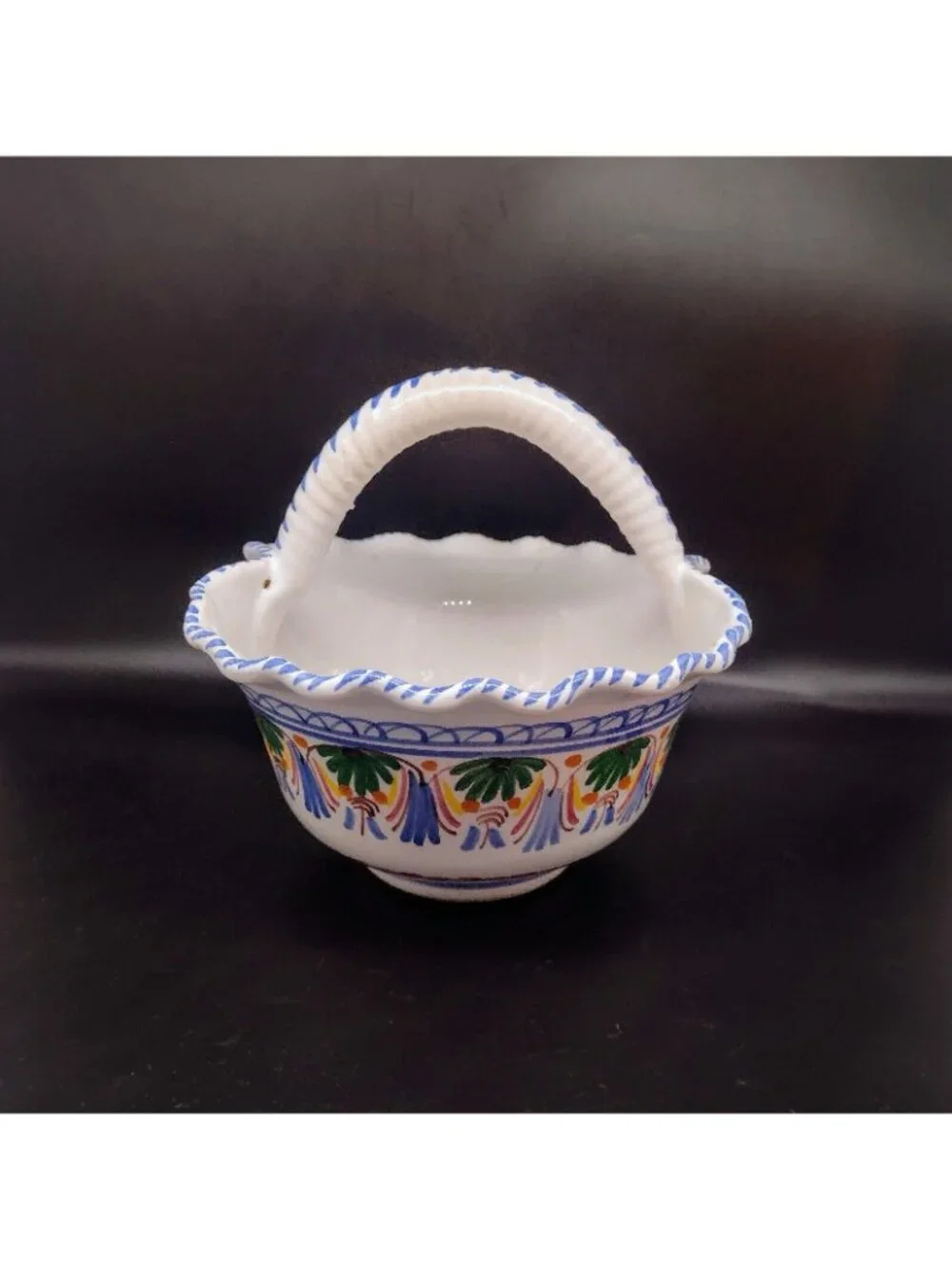 Vintage Spanish Art Pottery Ruffle Handle Basket Handmade Floral 6.25